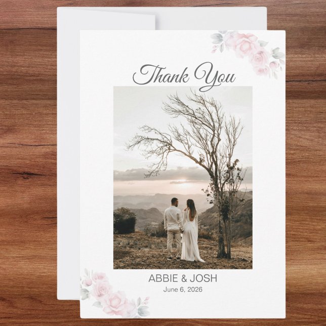 Romantisk Blommigt Bröllop - tackkort Tack Kort (Romantic Floral Photo Wedding Thank You with elegant and modern script)