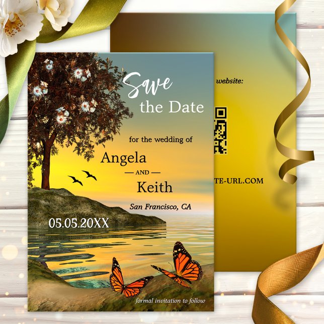 Romantisk Blommigt Butterfly Spara datumkortet Spara Datumet (Save the Date card featuring a painting of two butterflies in a coastal or lake landscape at sunset)