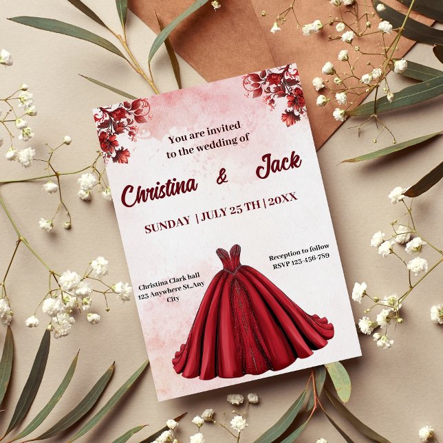 Romantisk Blommigt Design Burgundy Ballgown Bröllo Inbjudningar (Skapare uppladdad)