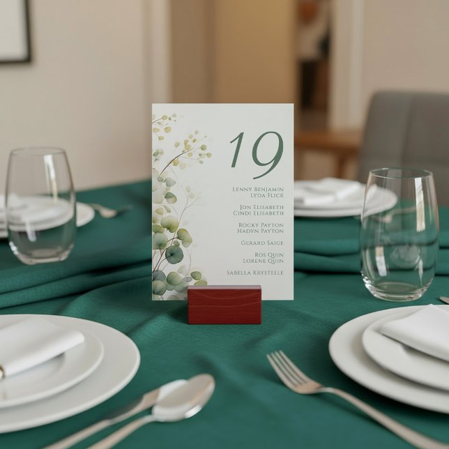 Romantisk Blommigt Eucalyptus Lövs sittande diagra Inbjudningar (Romantic Floral Eucalyptus Leaves seating chart table number card.)