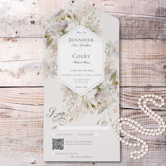 Romantisk Blommigt för avgjord vit och Rosa QR-kod (Romantic Muted White & Pink Floral QR Code All In One Invitation)