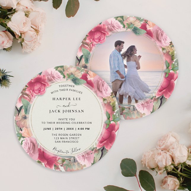 Romantisk Blommigt för  Rosa Photo Circle Bröllop Inbjudningar (Romantic Blush Pink Floral Photo Circle Wedding Invitation)