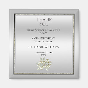 Romantisk Blommigt Gem, Silver & Black Birthday Fa Magnet