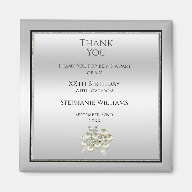 Romantisk Blommigt Gem, Silver & Black Birthday Fa Magnet (Framsidan)