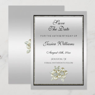 Romantisk Blommigt Gem, Silver & Black Birthday Spara Datumet