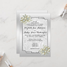 Romantisk Blommigt Gem Silver Framed, Silver Bröll Inbjudningar