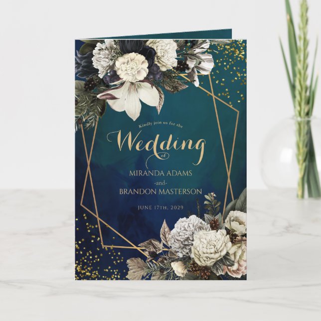 Romantisk Blommigt Guld Wandan Bröllop Inbjudan (Framsida)