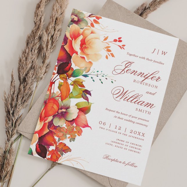 Romantisk Blommigt, hösten Bröllop Elegant Inbjudningar (Romantic Floral Fall Autumn Wedding Elegant Invitation)