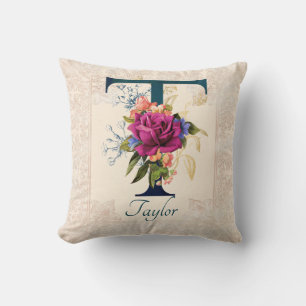 Romantisk Blommigt Monogram Brev T Dekorativ kudde