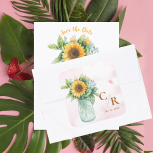 Romantisk Blommigt Monogram Solros Bröllop Fyrkantigt Klistermärke