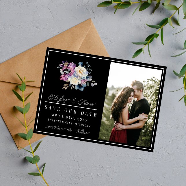 Romantisk Blommigt Moody Mörk Flowers Bröllop Spara Datumet (Skapare uppladdad)