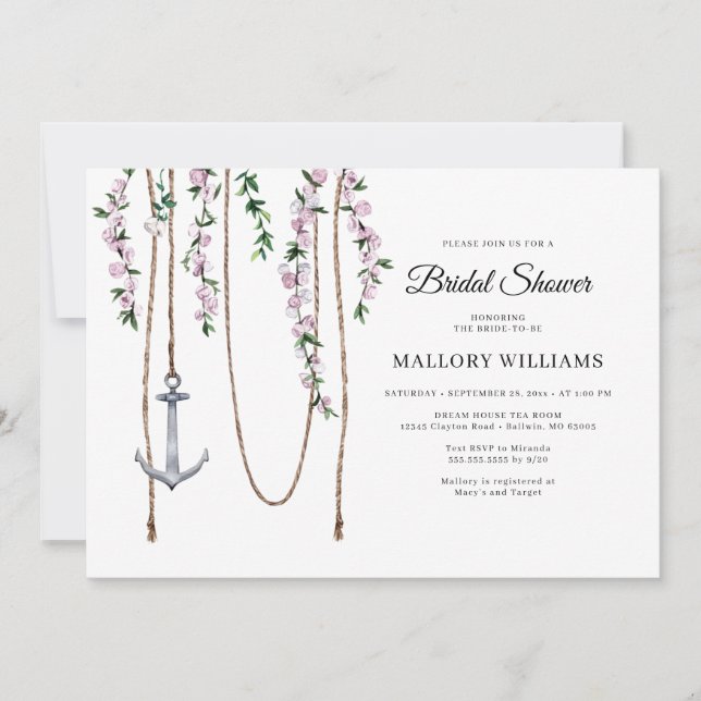 Romantisk Blommigt Nautical Anchor Möhippa Inbjudningar (Framsida)