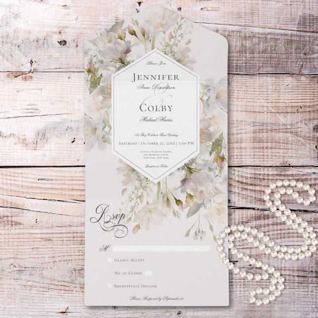 Romantisk Blommigt utan Rosa (Romantic Muted White & Pink Floral No Dinner All In One Invitation)