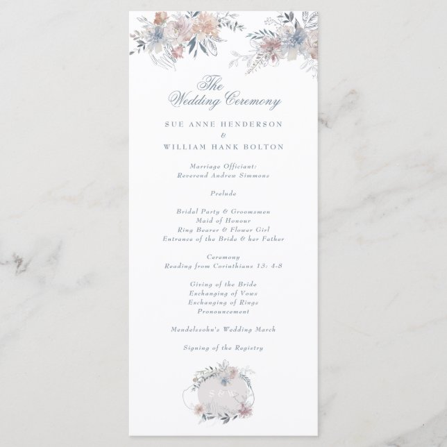 Romantisk Blommigt Utandningsfärg Monogram Bröllop Program (Framsida)