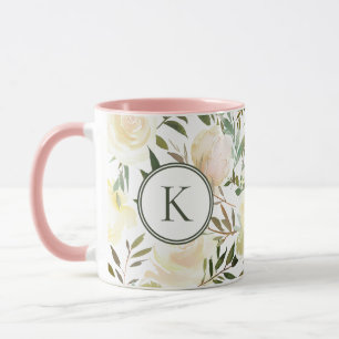 Romantisk Blommigt Vanilla White Watercolor Monogr Mugg