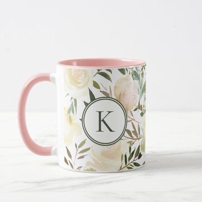 Romantisk Blommigt Vanilla White Watercolor Monogr Mugg (Vänster)