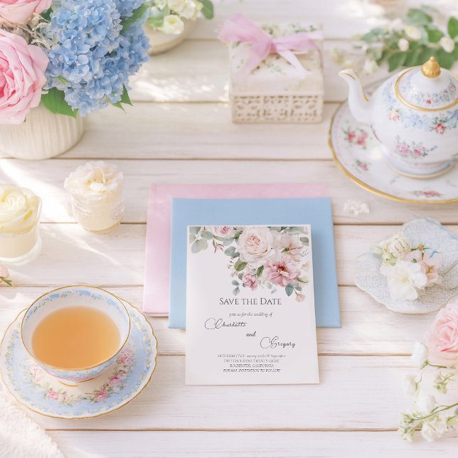 Romantisk blommigt vattenfärg ro Spara datum Meddelande Vykort (Skapare uppladdad)