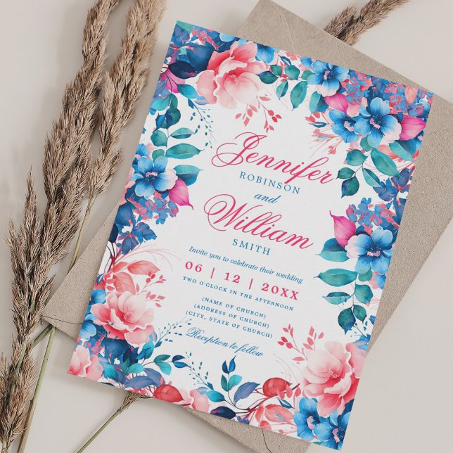 Romantisk Blommigt Vibrant Blue Rosa Elegant bröll Inbjudningar (Romantic Floral Vibrant Blue Pink Elegant Wedding Invitation)