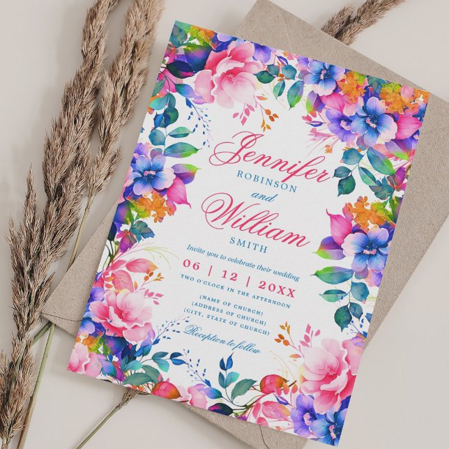Romantisk Blommigt Vibrant Rainbow Bröllop w/ QR O Inbjudningar (Romantic Floral Vibrant Rainbow Wedding w/ QR RSVP Invitation)