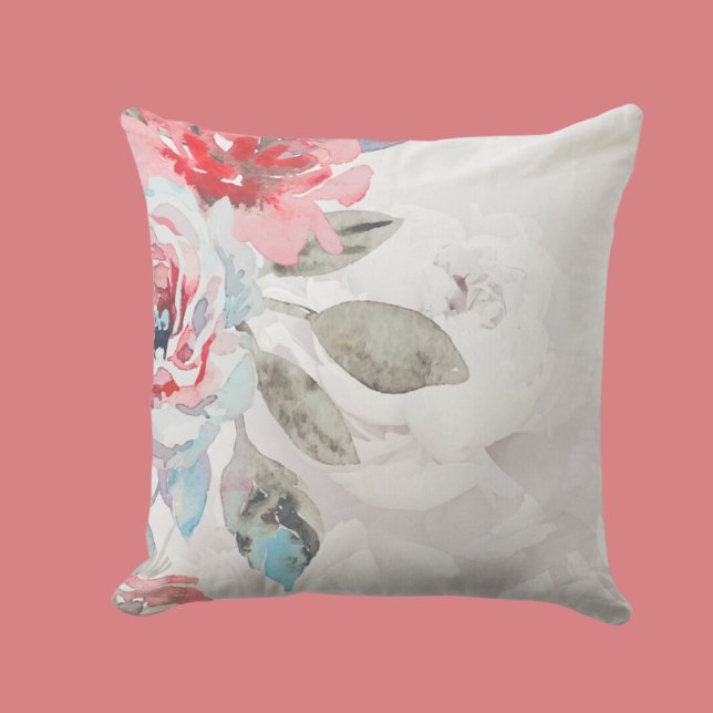 Romantisk Blommigt, vildblomma ro peony Kudde (Floral watercolor wildflower rose throw pillow with peony and roses)