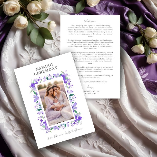 Romantisk blomster ram lila nyanser 2 bilder program (Romantic Floral Frame in Purple Shades with 2 Photos Naming Ceremony Template Program Card.)