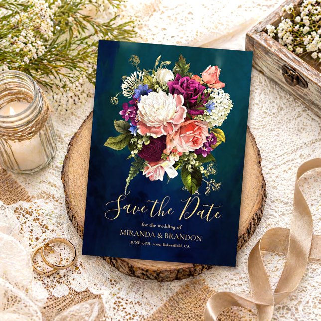 Romantisk blomsterbukett smaragdgrön guld bröllop spara datumet (Skapare uppladdad)