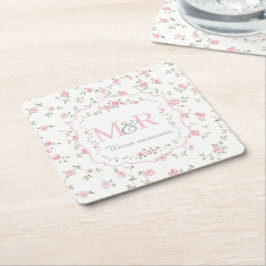 Romantisk blomsterinitial | Vintage Cottagecore Underlägg Papper Kvadrat