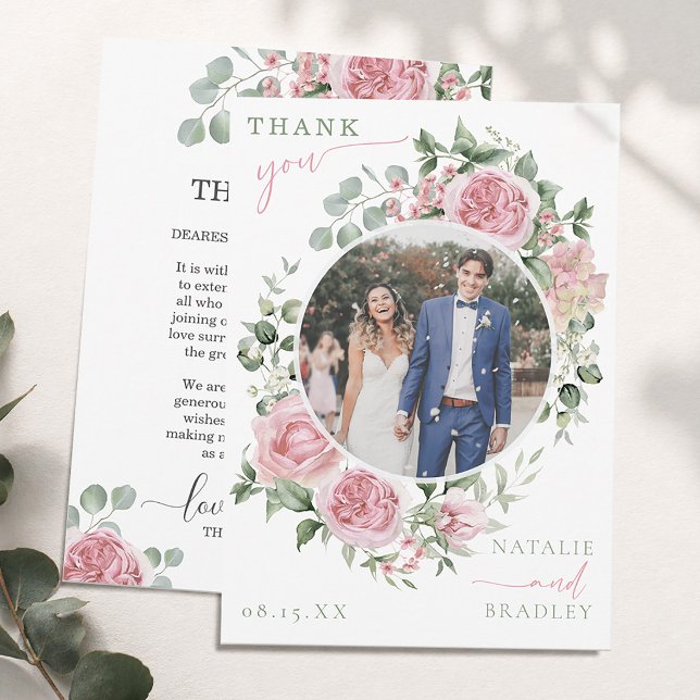 Romantisk blomsterkrans bröllopsfoto tack kort (Romantic Floral Wreath Wedding Photo Thank You Card)
