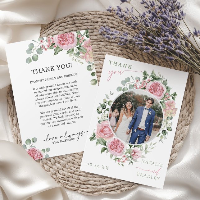 Romantisk blomsterkrans med rosor bröllopsfoto tack kort (Romantic Floral Rose Wreath Wedding Photo Thank You Card)