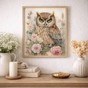 Romantisk blomsterlig uggla akvarell vilda djur na poster