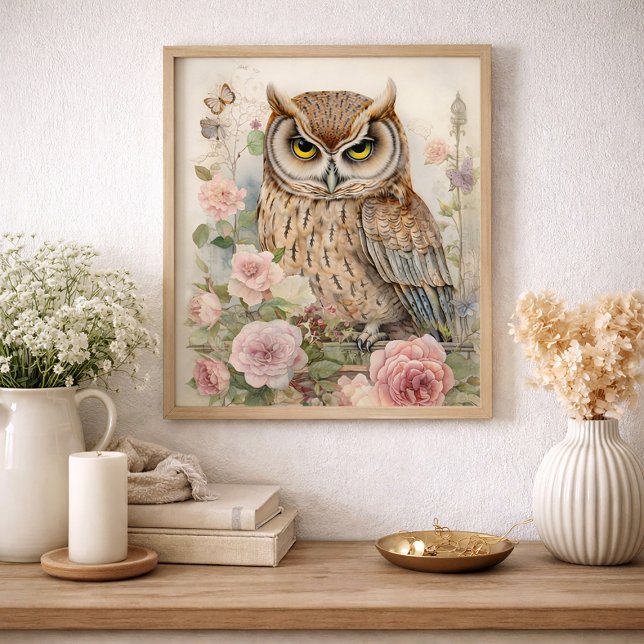 Romantisk blomsterlig uggla akvarell vilda djur na poster (Vintage cottage/farmhouse art - owl and pink floral)