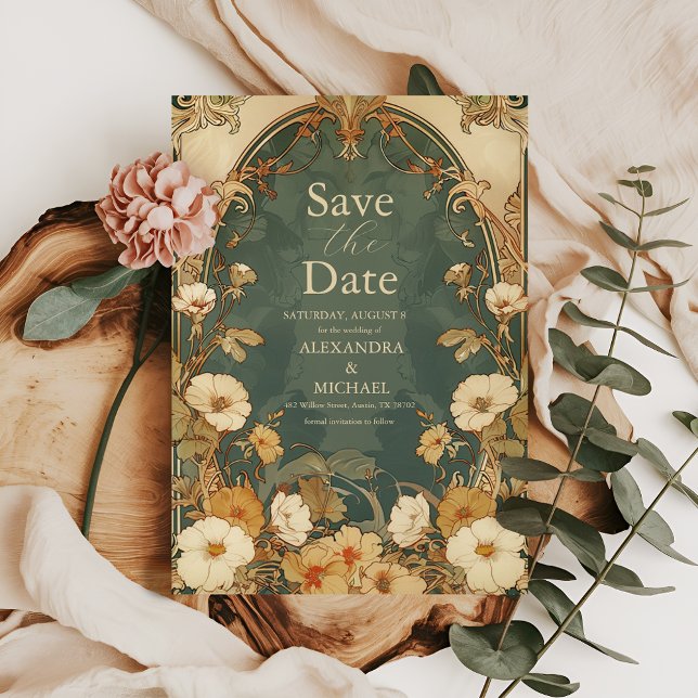 Romantisk blomsterram Art Nouveau-hälsning Spara Datumet (Skapare uppladdad)