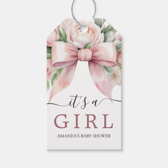 Romantisk blomsterrosa slinga baby shower presentetikett (Framsidan)