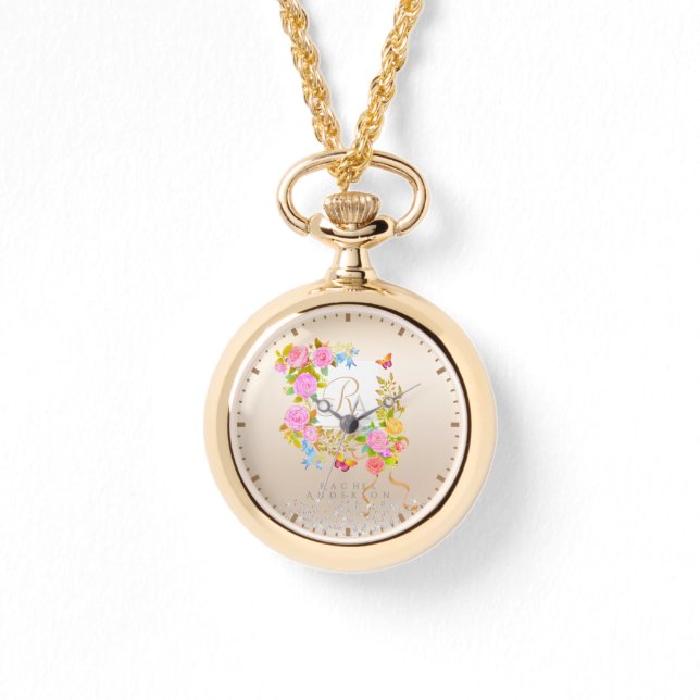 Romantisk blomstrande trädgårdsmonogram beige armbandsur (Framsida)