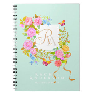 Romantisk blomstrande trädgårdsmonogram Grönt Anteckningsbok