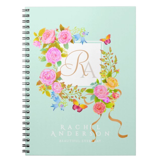 Romantisk blomstrande trädgårdsmonogram Grönt Anteckningsbok (Framsidan)