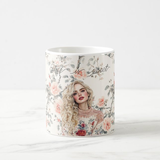 Romantisk blond flicka persikorosor blommig kaffemugg (Center)