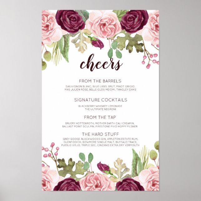 Romantisk Blooms Bröllop Pub Menu Poster (Framsidan)