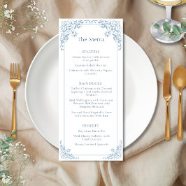 Romantisk Blue and White Elegant bröllop Menu Meny