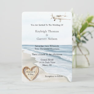 Romantisk Blue Beach Ocean Airplane Heart Bröllop Inbjudningar