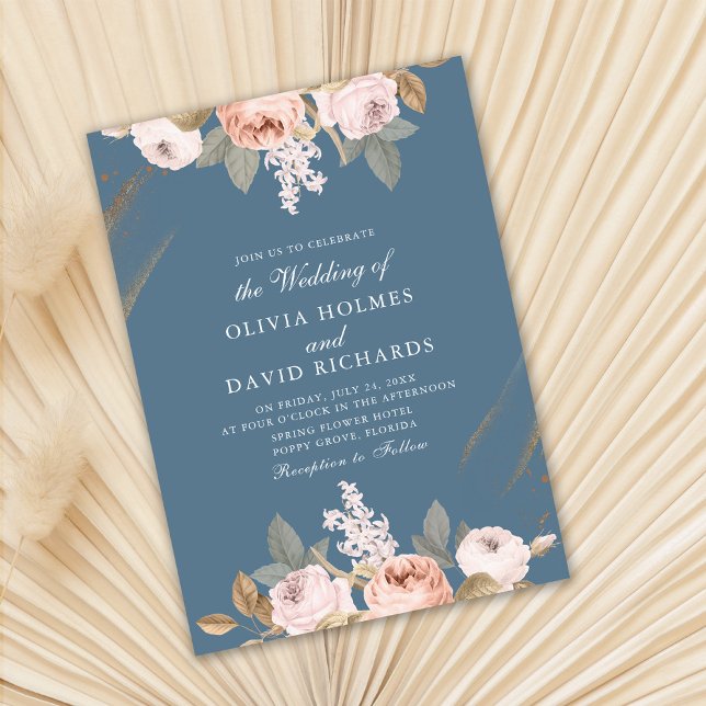 Romantisk Blue Peonies Wedding-inbjudan Inbjudningar (Romantic Blue Peonies Wedding Invitation on dry fan palm leaf.)