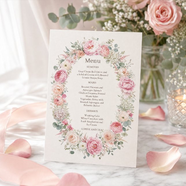 Romantisk Blush Blommig Bröllopsmeny Suite  Inbjudningar (#romanticweddingmenu #weddingdinner #wreathflowersinvitation #pinkflowersinvitation #blushpinkfloral)