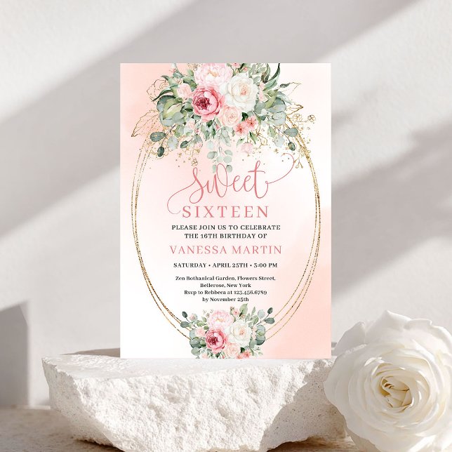 Romantisk Blush Blommig Guld Sweet 16 Födelsedagsf Inbjudningar (Romantic Blush Floral Sweet 16 Birthday Party Invite)
