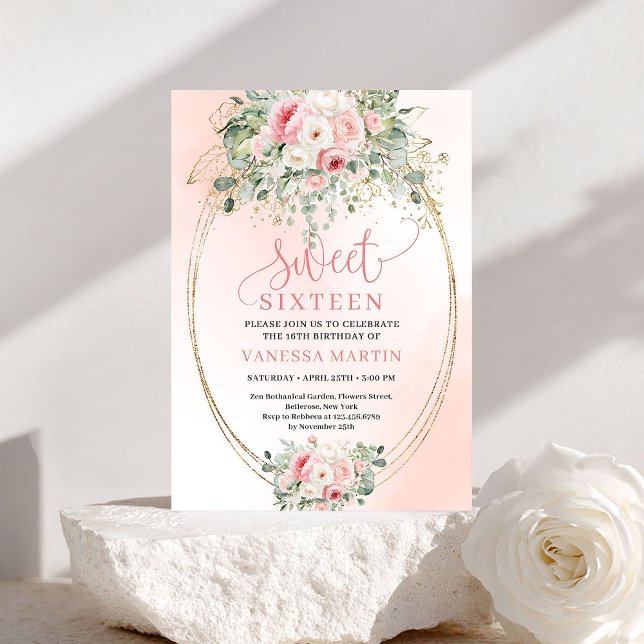 Romantisk Blush Blommig Sweet 16 Födelsedagsinbjud Inbjudningar (Romantic Blush Floral Sweet 16 Birthday Invitation)