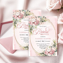 Romantisk Blush Blomster Grönska Guld Bröllopsdusc Inbjudningar