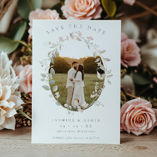Romantisk Blush Blomsterkrans Foto Bröllop Spara Datumet