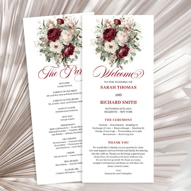Romantisk Blush Burgunder Blommig Bröllopsprogram Program (Romantic Blush Burgundy Floral Wedding Program)