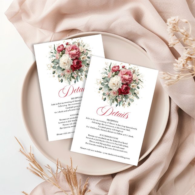 Romantisk Blush Burgundy Blommig Bröllopsdetaljkor Tilläggskort (Romantic Blush Burgundy Floral Wedding Details Card)