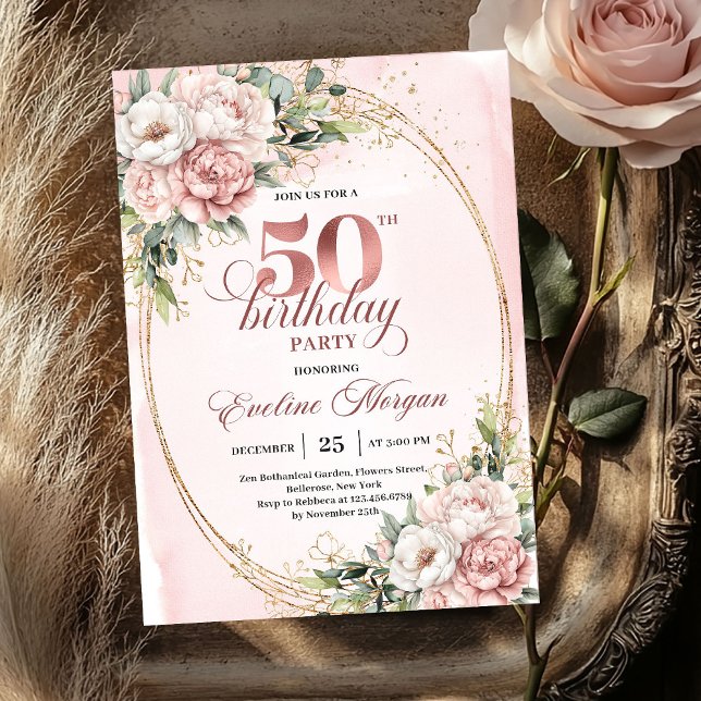 Romantisk Blush Eukalyptus 50-års Födelsedagsinbju Inbjudningar (Romantic Blush Eucalyptus 50th Birthday Invitation)