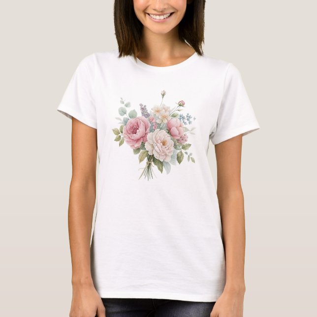 Romantisk Blush Peony Watercolor Bouquet T Shirt (Framsida)